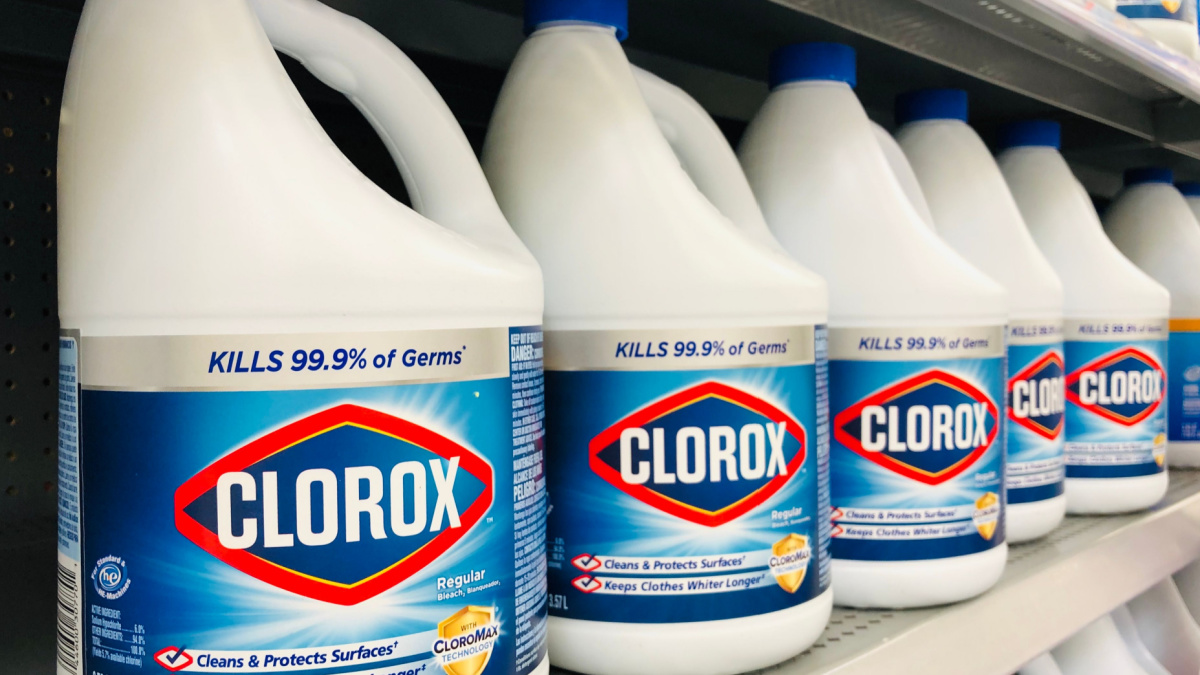 Clorox bleach on white containers on a store shelf.