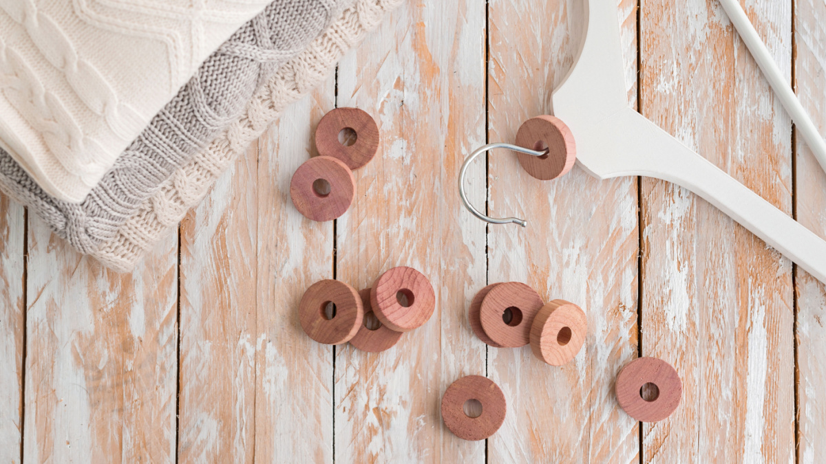 Wooden round cedar rings for hangers for moth protection.