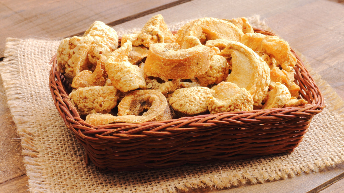 Pork rinds also known as chicharon or chicharrones, deep fried pork skin