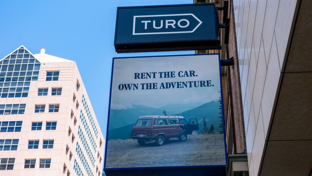Turo sign on headquarters of online car sharing and peer-to-peer carsharing company - San Francisco, California, USA
