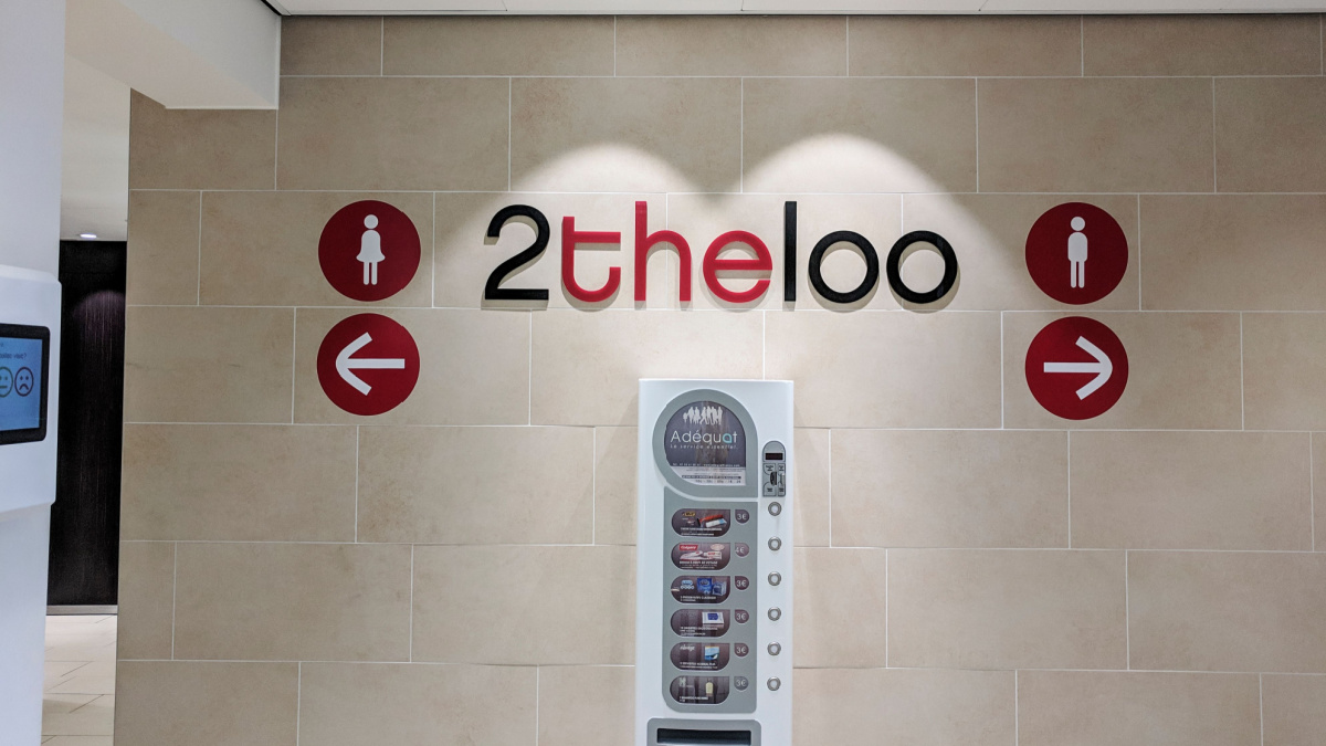 Restroom, toilet facilities. 2theloo coin operated paddle and swing gates. Paying 0,70 cents tax for using the toilets