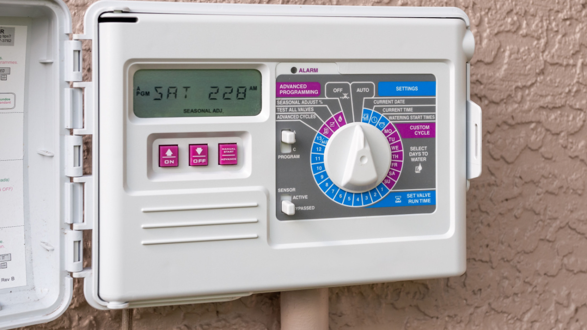 Automatic electric outdoor irrigation timer. Closeup of programmable lawn watering system.