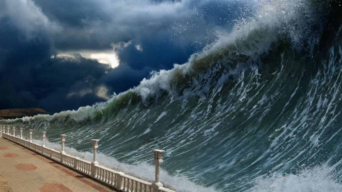 giant tsunami waves, dark stormy sky