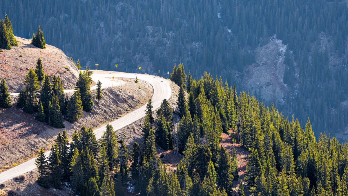 Independence Pass highway 82 rocky mountain high angle view of switchback on road in Colorado autumn at continental divide