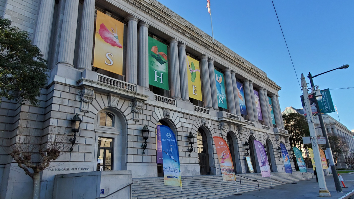 Posters of Shen Yun in the front of the War Memorial Opera House.