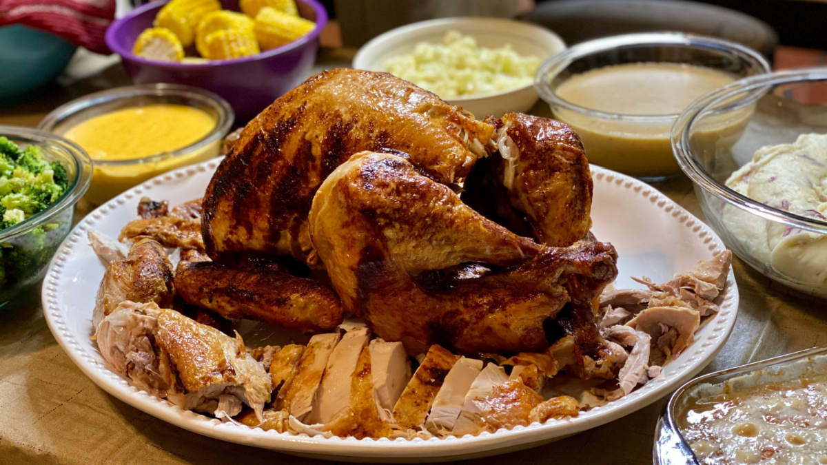 Thanksgiving dinner with deep fried turkey.