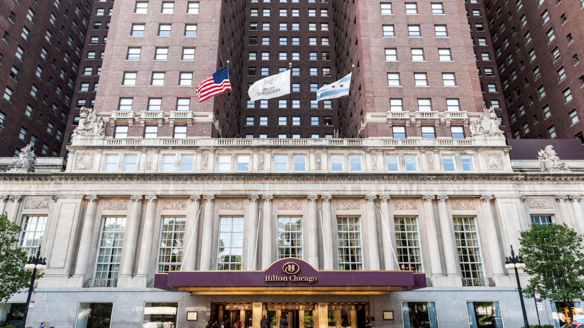 Hilton Chicago Entrance to the hotel that opened in 1927. Located on Michigan Avenue and overlooking Grant Park and Lake Michigan.