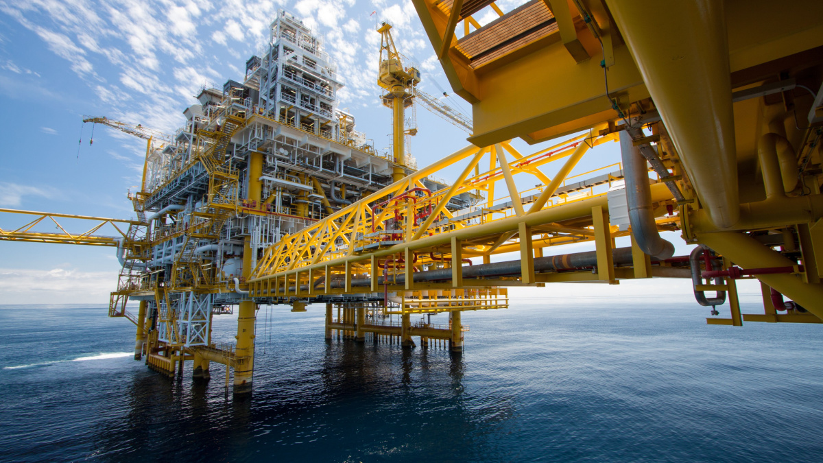Oil and gas platform in the gulf or the sea, The world energy, Offshore oil and rig construction.