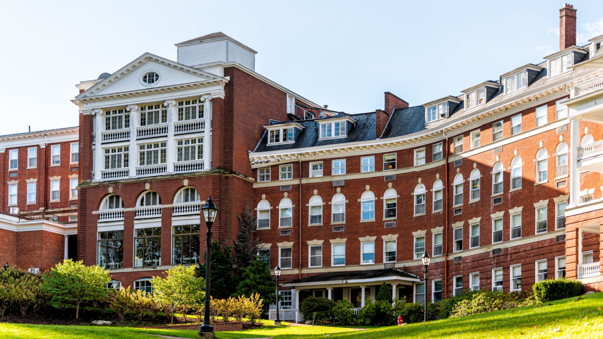 Historic Omni Homestead brick architecture hotel in downtown town village city in Virginia countryside
