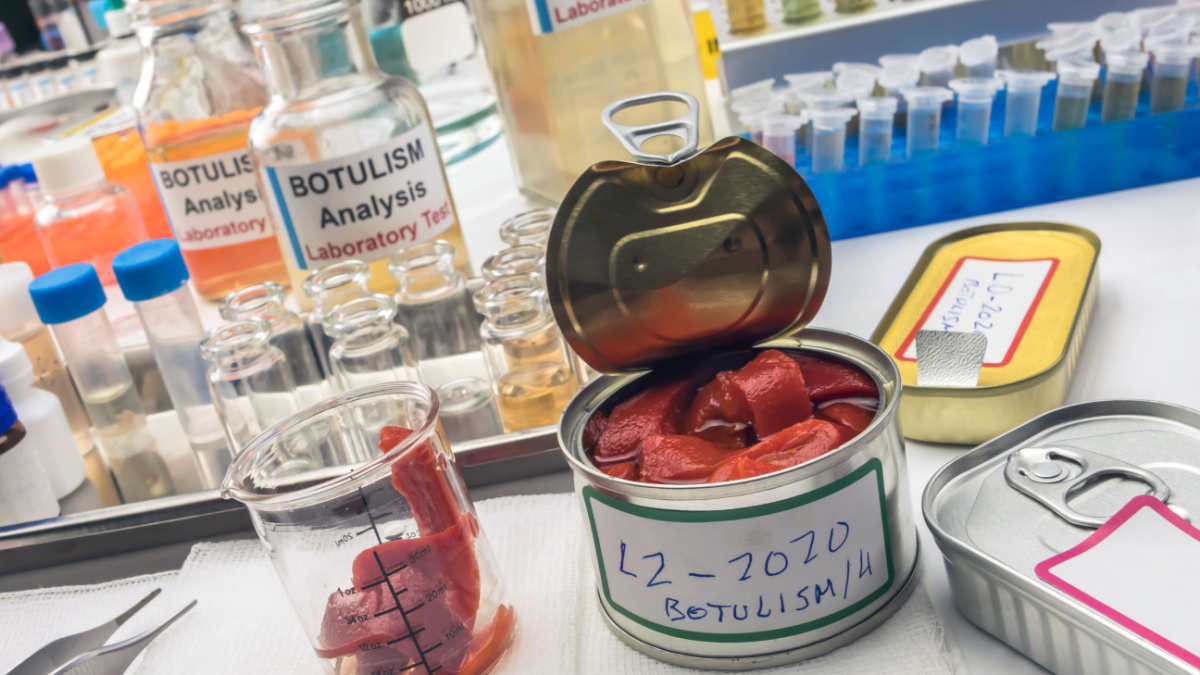 Experienced laboratory scientist analyzes red peppers from a canned food can to analyze botulism infection in sick people