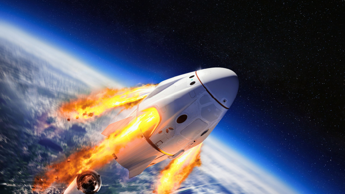 Crew Dragon spacecraft of the private American company SpaceX in space. Dragon is capable of carrying up to 7 passengers to and from Earth orbit, and beyond.