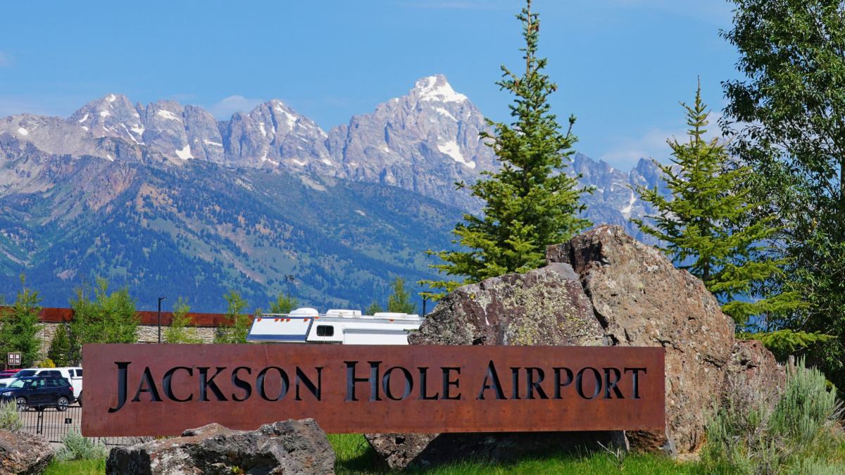 View of a welcome sign at the Jackson Hole Airport (JAC) in the Grand Teton National Park in Wyoming, United States.