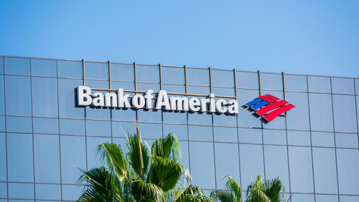 Bank of America sign and trademark logo on glass facade of BofA Financial Center tower building - Los Angeles, California, USA