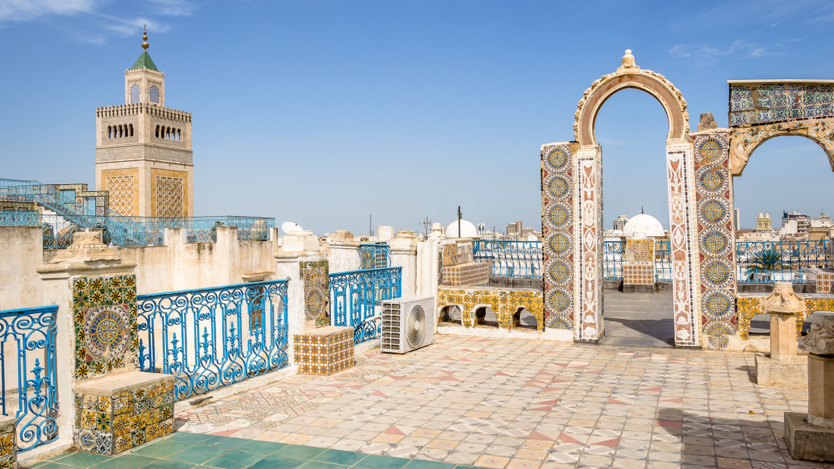 Cityscape of the medieval medina of the city of Tunis, Tunisia, on the left the minaret of the Zaytuna Mosque. The Medina quarter is a UNESCO World Heritage Site since 1979