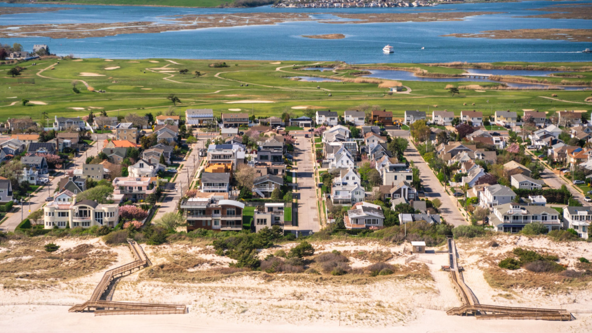 Aerial view over Nassau County on Long Island New York
