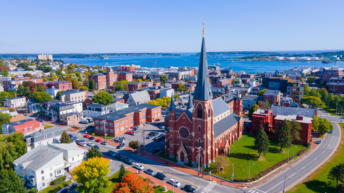 Portland Cathedral of the Immaculate Conception at 307 Congress Street in downtown Portland, Maine ME, USA.