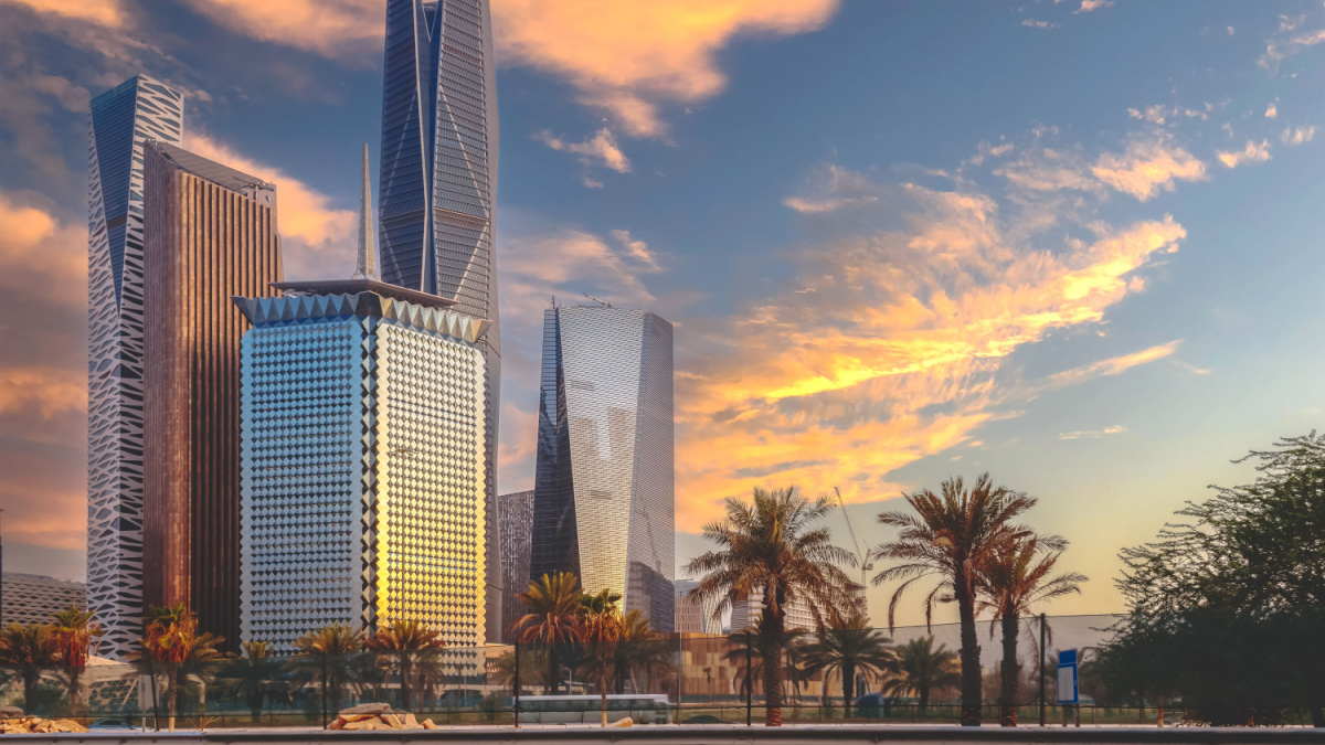 Sunset over large buildings equipped with the latest technology, King Abdullah Financial District, in the capital, Riyadh, Saudi Arabia