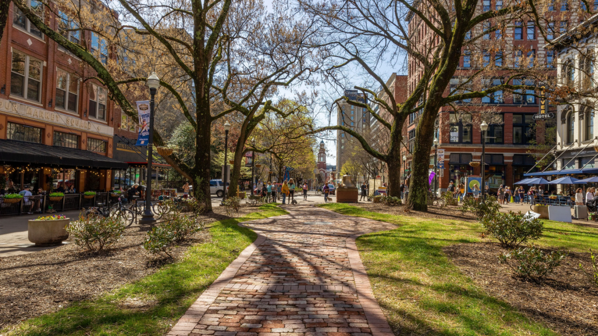 Knoxville, Tennessee, USA - March 25, 2023: Market Square in downtown district on a beautiful spring day.
