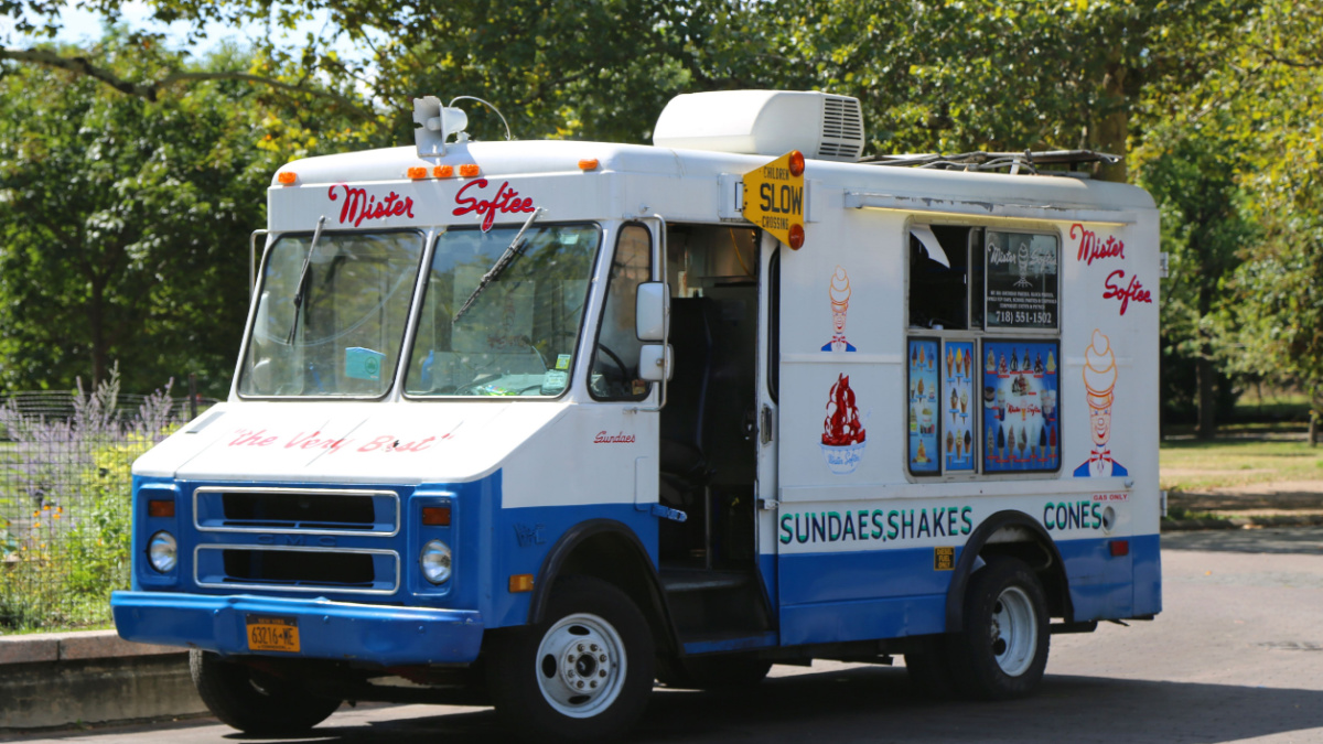 : Ice cream truck in Queens on August 30, 2014. Mister Softee is a United States-based ice cream truck franchisor popular in the Northeast founded in 1956