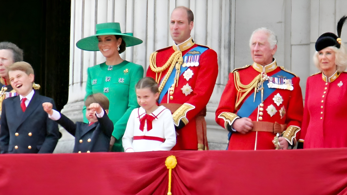 King Charles, Queen Camilla and Royal family Prince Louis George William Kate Middleton Princess Charlotte Trooping the colour on balcony at Buckingham Palace