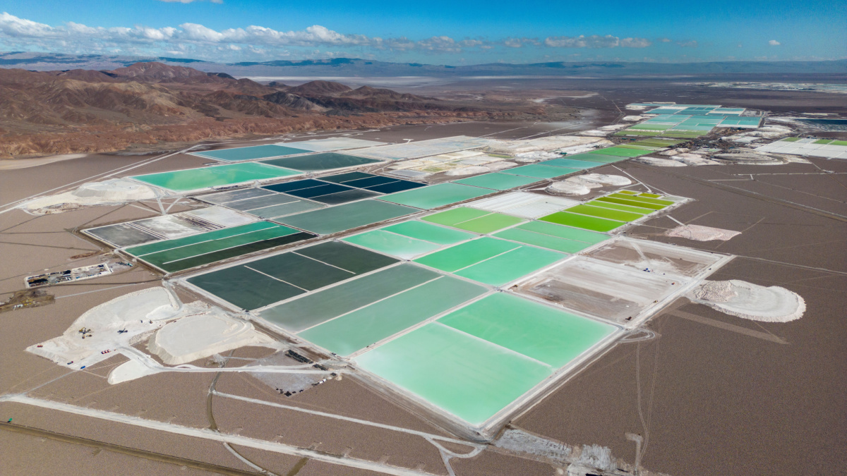 Aerial view of lithium fields in the Atacama desert in Chile, South America - a surreal landscape where batteries are born