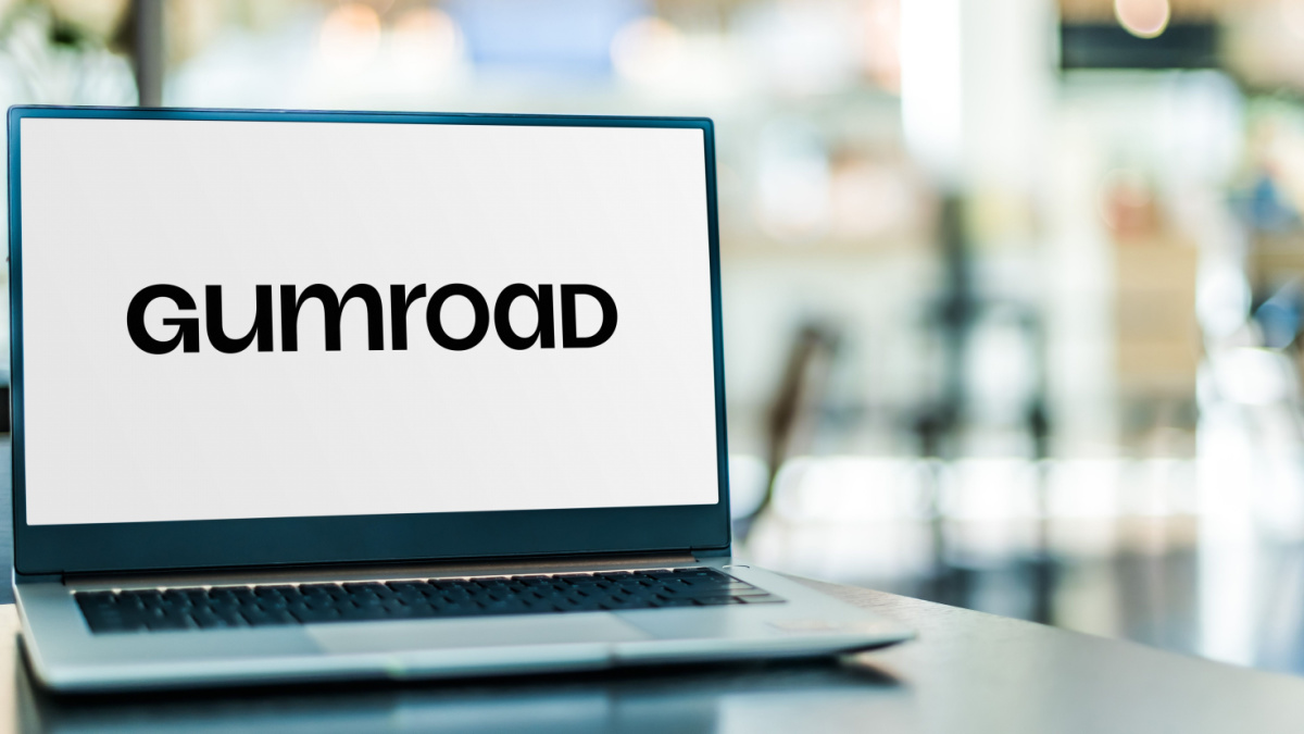 Laptop computer displaying logo of Gumroad, an e-commerce platform that allows creators to sell products directly to their audience