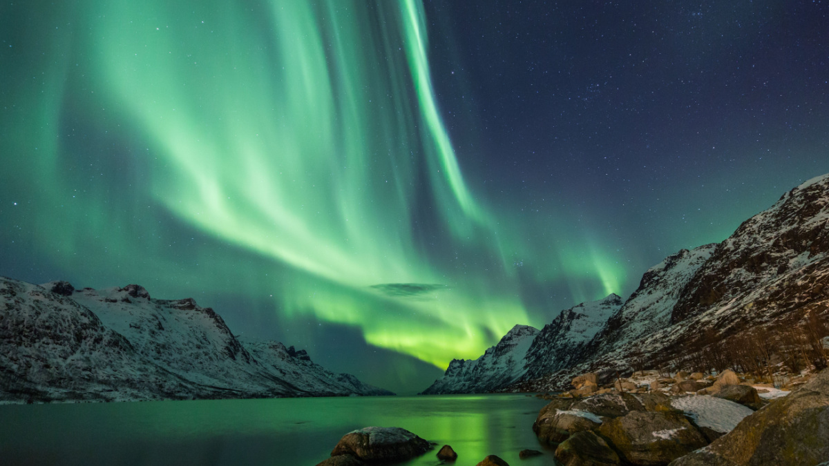 Northern Lights above waters edge