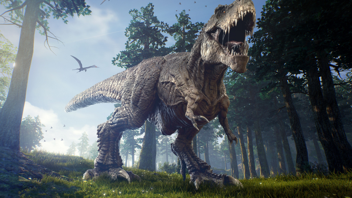 The hunting grounds of a Tyrannosaurus Rex with two Quetzalcoatlus patrolling the skies in the background.