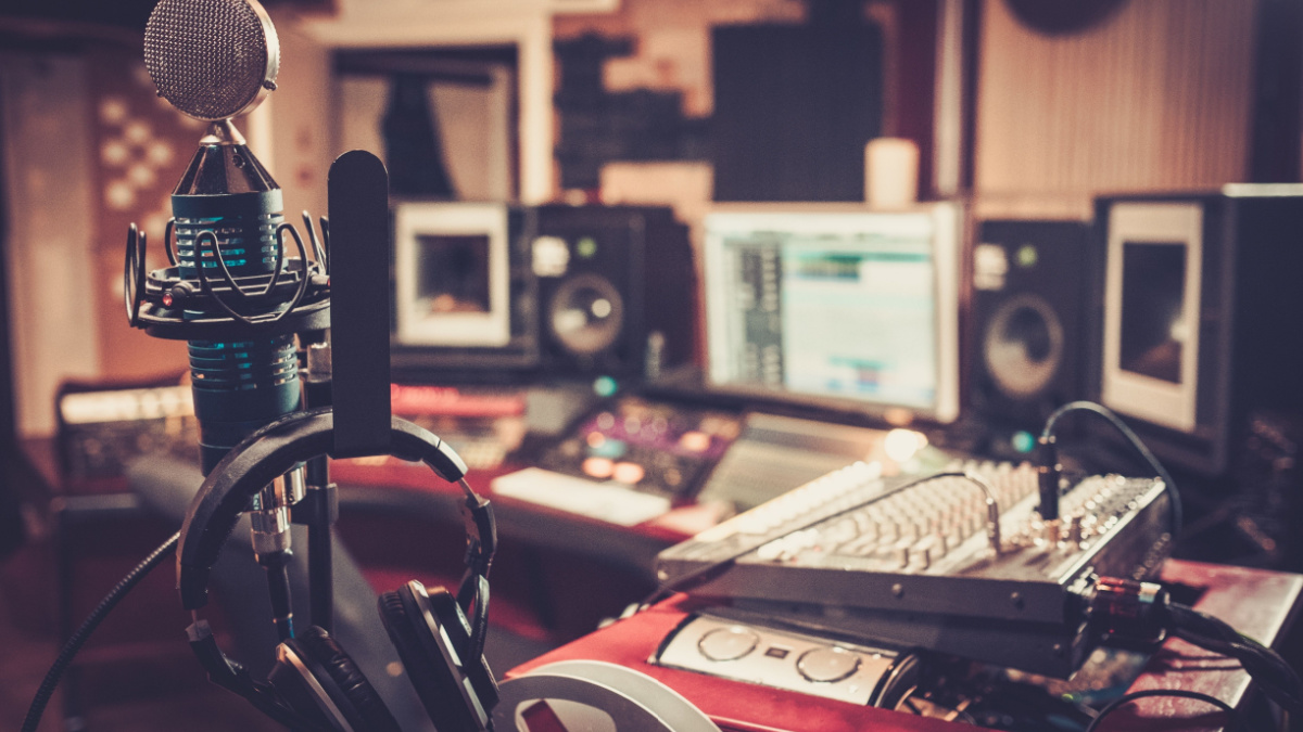Close-up of boutique recording studio control desk.