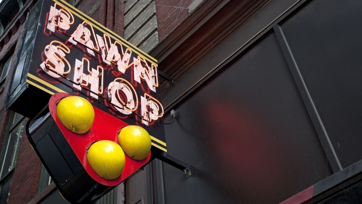 Neon pawn shop sign.