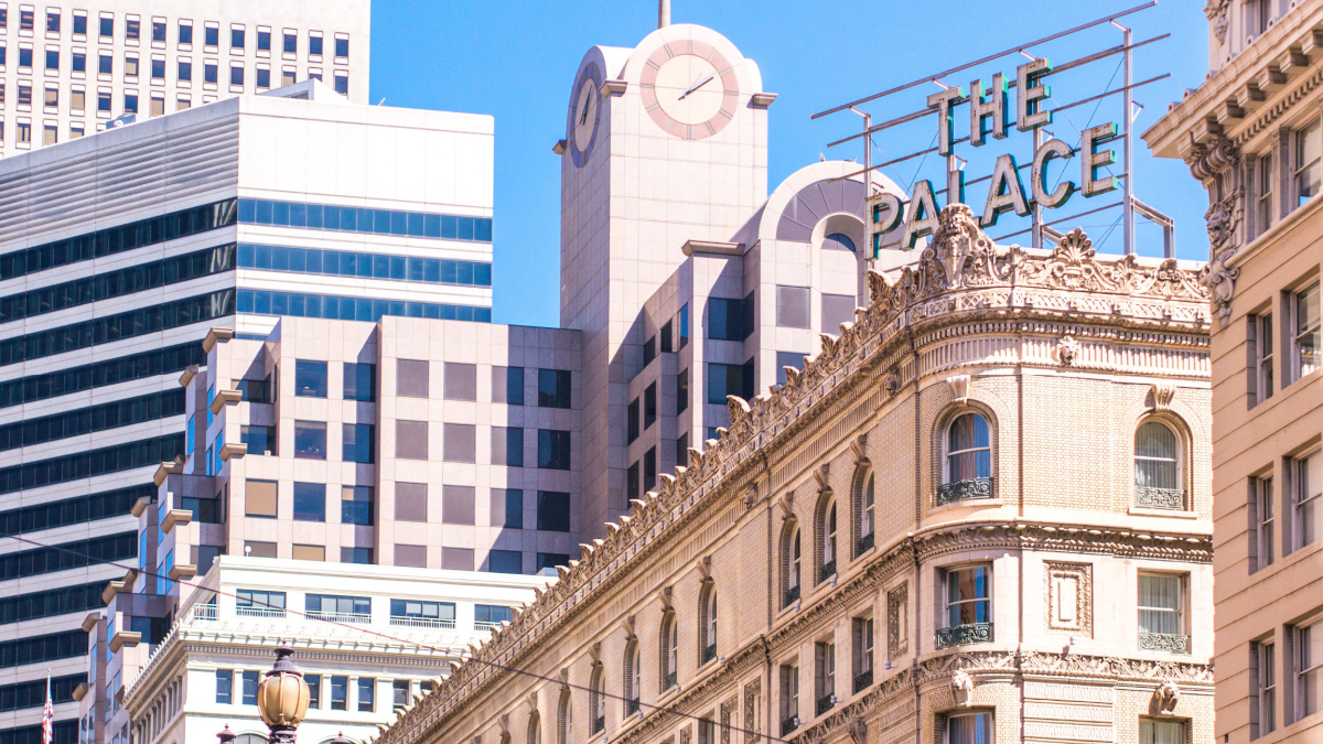 View of the The Palace hotel name from Market street, San Francisco, USA