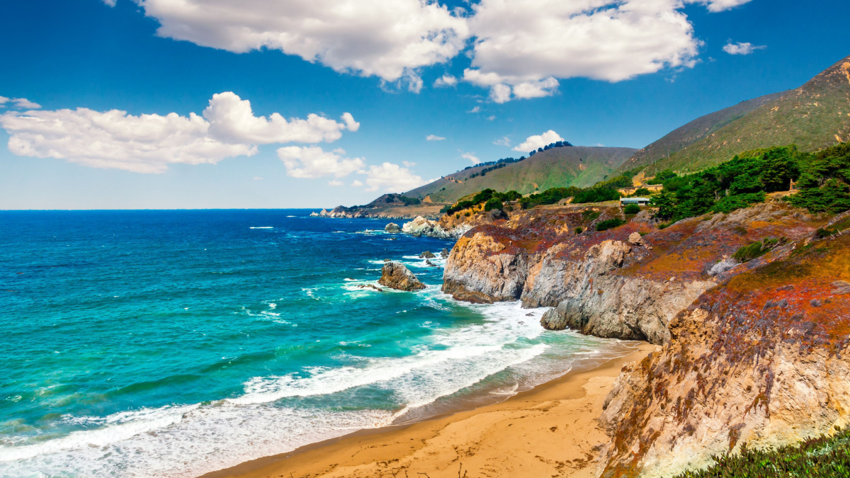 Beautiful coastline scenery on Pacific Coast Highway #1 at the US West Coast traveling south to Los Angeles, Big Sur Area, California. Picture made during a motorbike road trip.