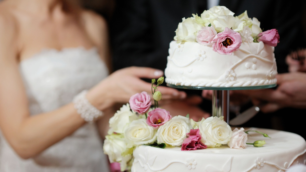A bride and a groom is cutting their wedding cake