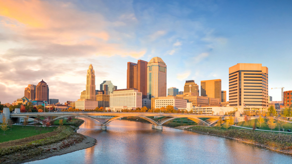 View of downtown Columbus Ohio Skyline at Sunset.