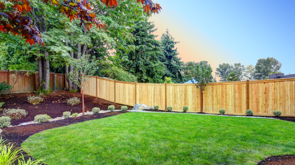 View of an attractive backyard with new planting beds and well kept lawn.