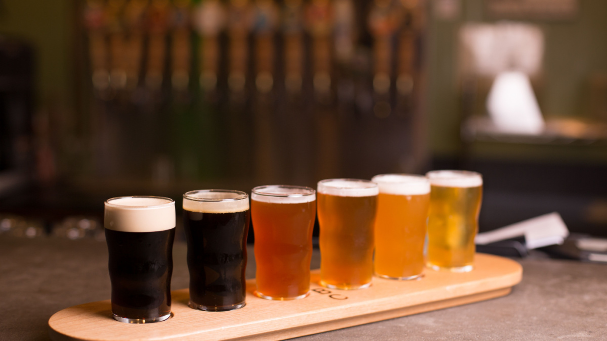 Close up of craft beer tasting flight at local brewery of small pint glasses in a row on a tray with rainbow variety of dark malt stouts to golden yellow hoppy ales on bar, with taps in background