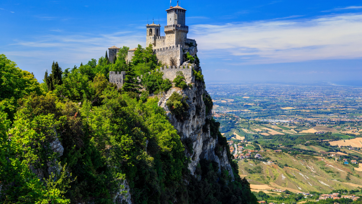 Fortress Guaita on Mount Titano is the most famous tower of San Marino, Italy.