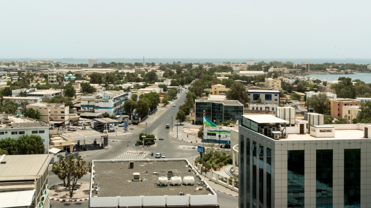 Republic of Djibouti / Djibouti - July 28 2017 : aerial view of busiest street Boulevard de La Republique downtown