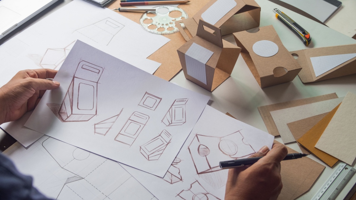 Designer sketching drawing design Brown craft cardboard paper product eco packaging mockup box development template package branding Label . designer studio concept .