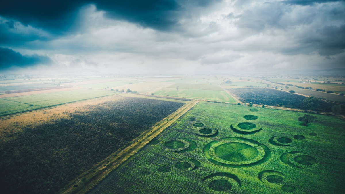 Aerial view of fields with an alien crop circle formation