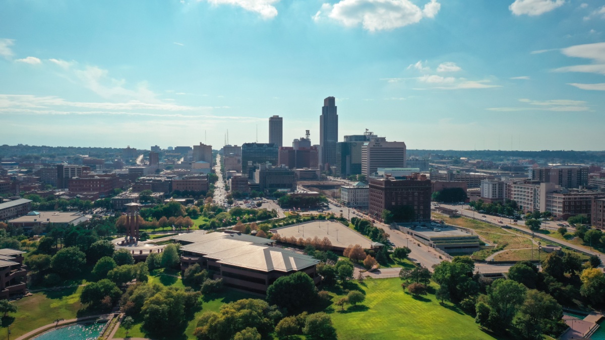 Aerial view of the downtown Omaha Nebraska skyline