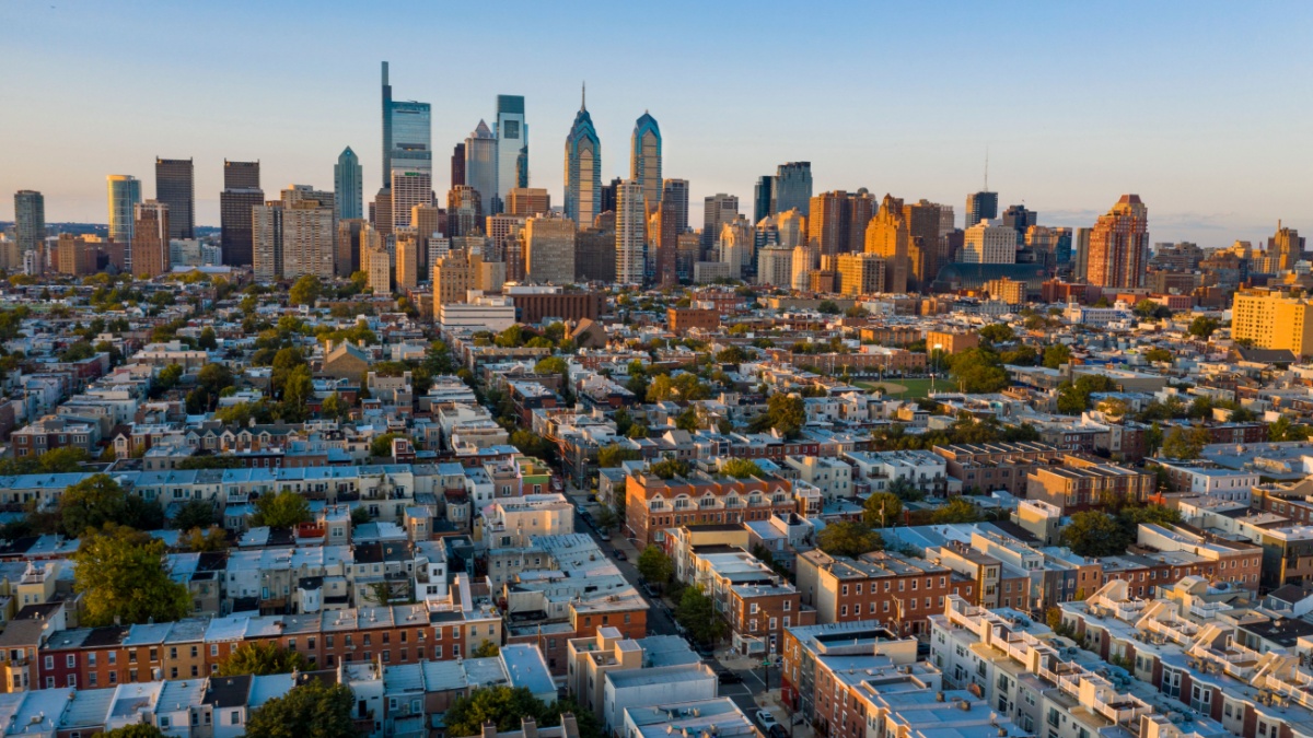 Aerial view over the neighborhoods and streets of Philadelphia PA USA