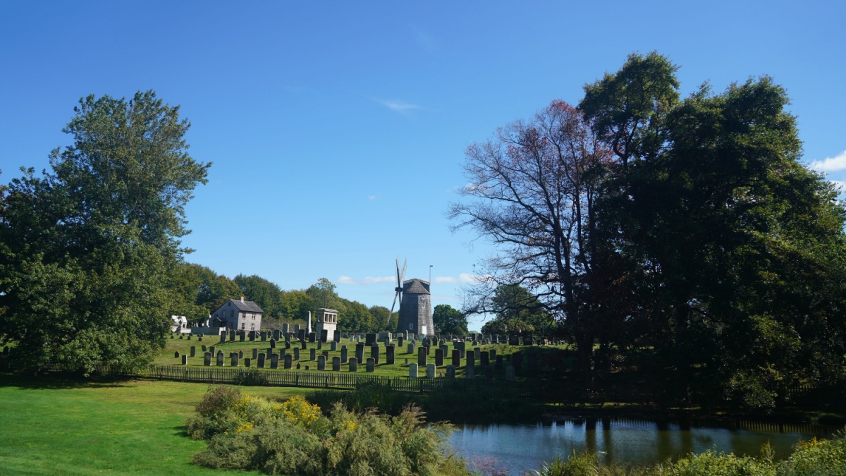 WATER MILL, NEW YORK - SEPTEMBER 29, 2019: Landmark windmill at Water Mill in Long Island, New York