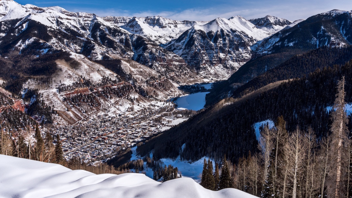 Scenic view of Telluride, Colorado and the San Juan Mountains in winter