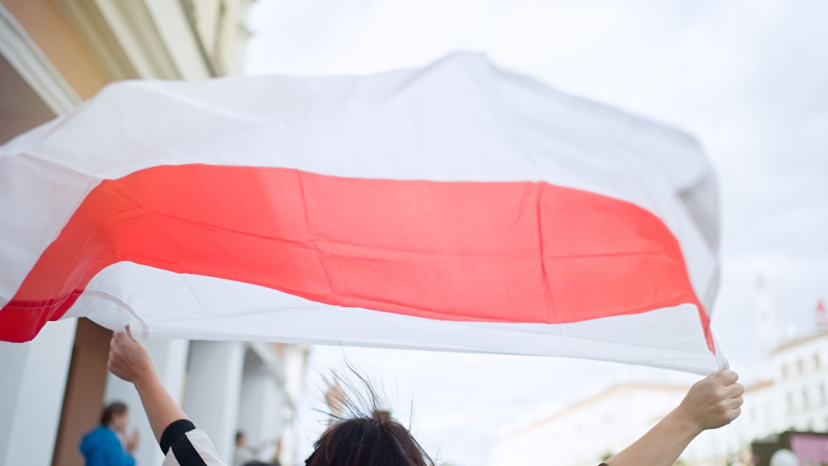 MINSK, BELARUS - August 13, 2020: Peaceful protest in Minsk. Flag of Belarus. White red white.