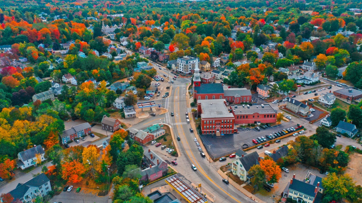 Aerial Drone Photography Of Downtown Dover, NH (New Hampshire) During The Fall Foliage Season