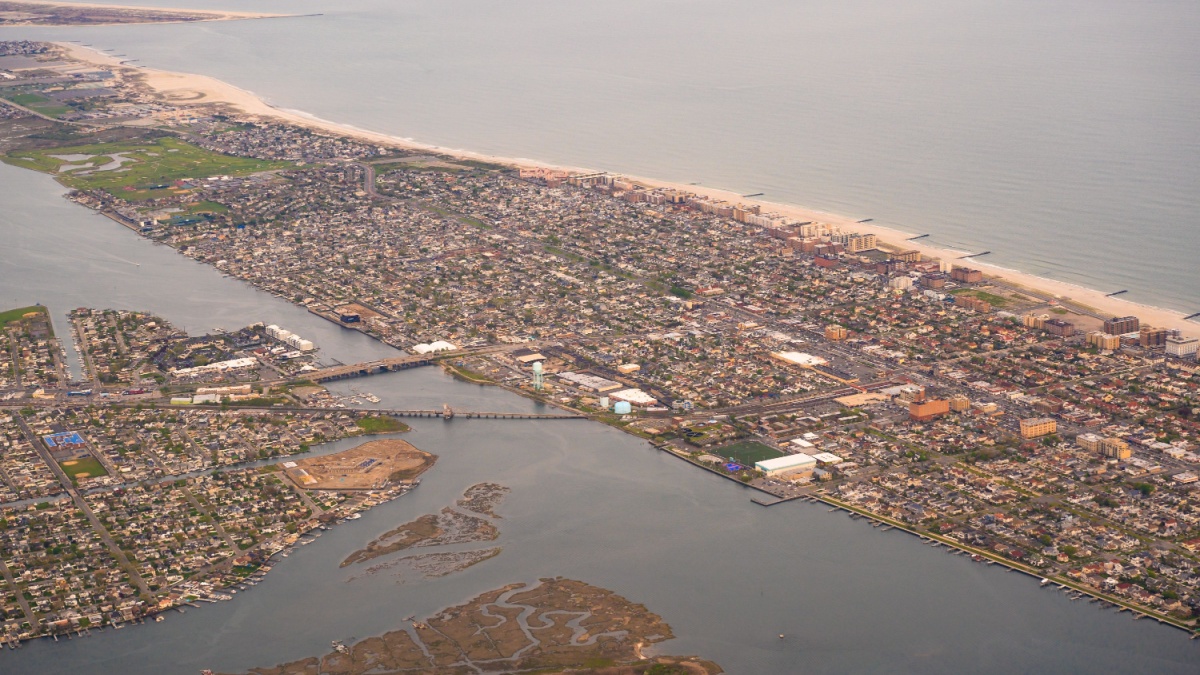 Aerial view over Nassau County on Long Island New York