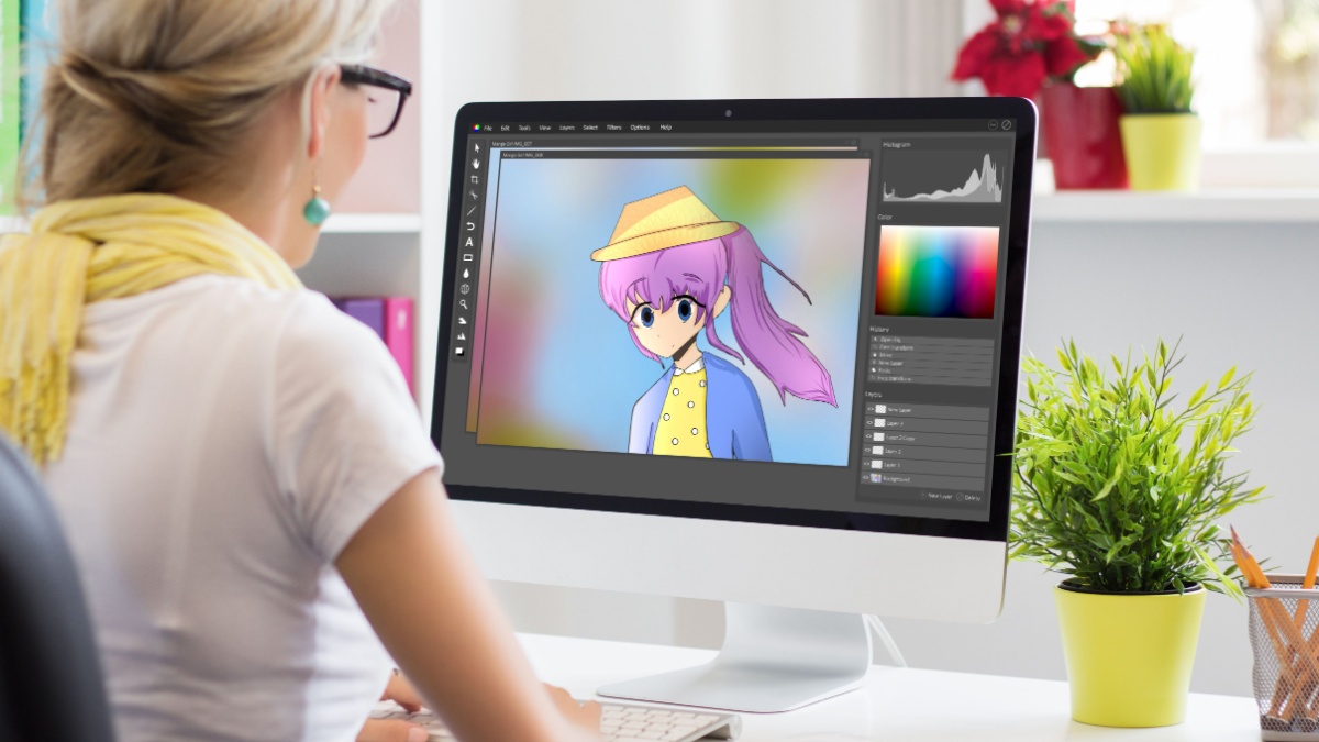 Animator drawing a portrait in image editing software