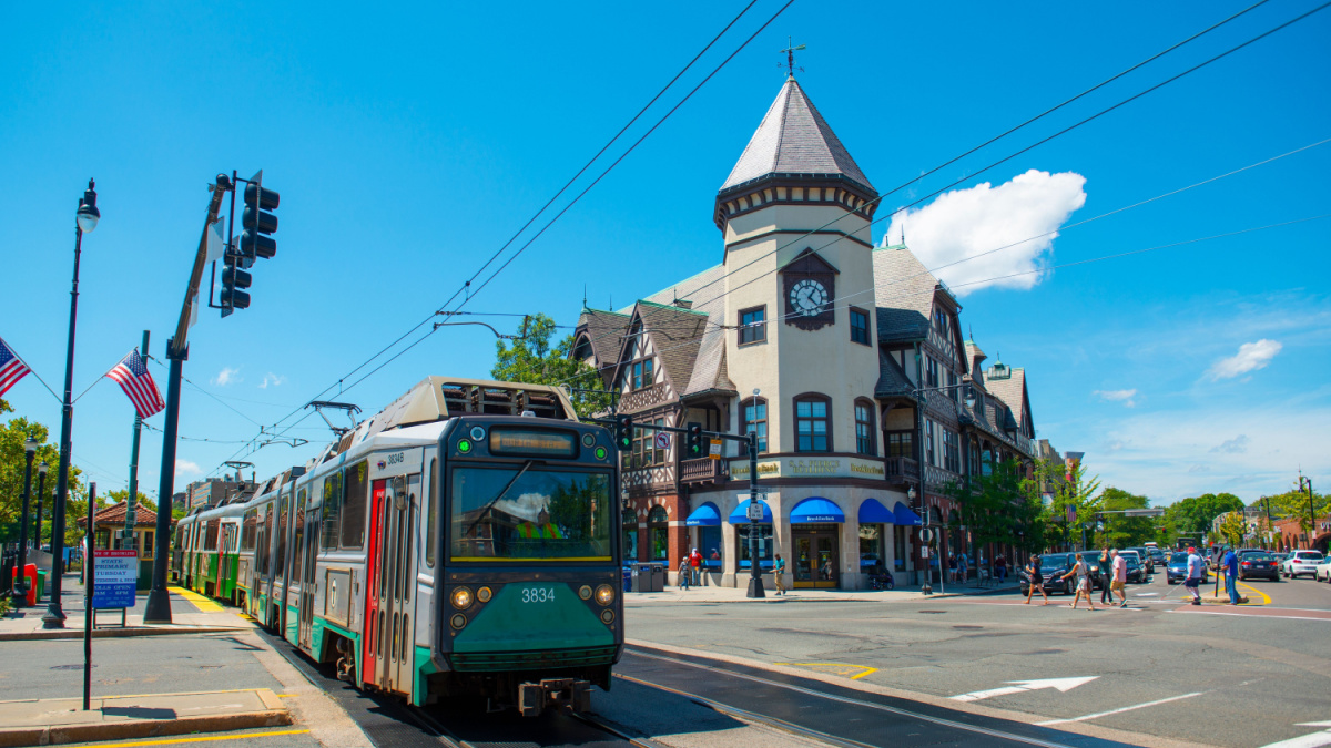 Boston Metro MBTA Ansaldo Breda Type 8 Green Line at Coolidge Corner station on Beacon Street, Brookline, Massachusetts MA, USA.