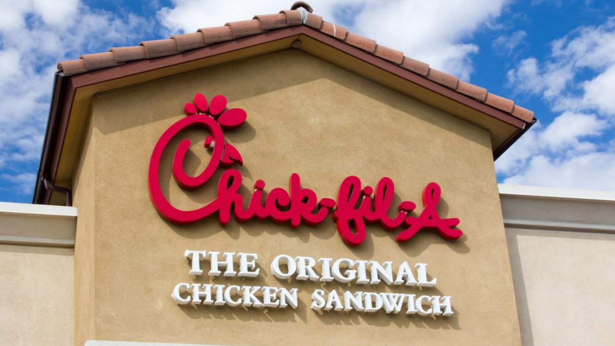 Chick-fil-A restaurant exterior. Chick-fil-A is fast food restaurant chain specializing in chicken sandwiches.
